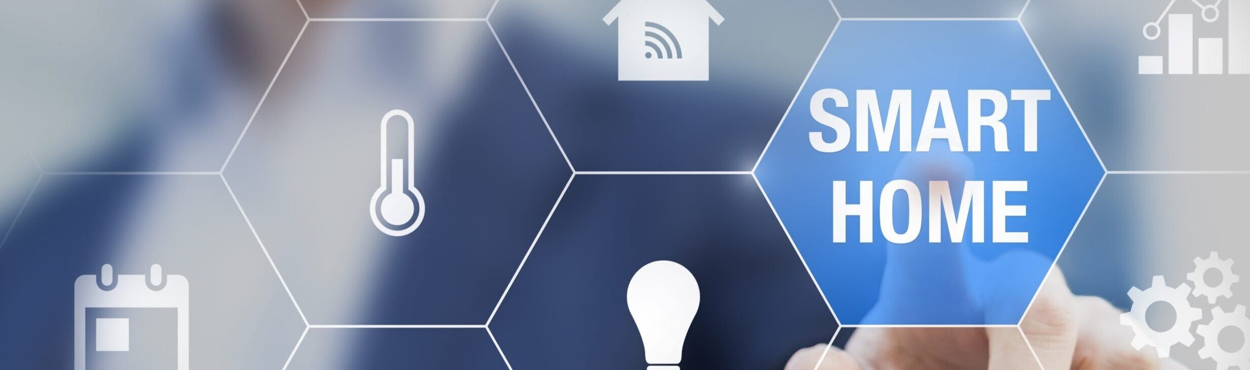 Smart home automation concept with icons showing the functionalities of this new technology and a person touching a button